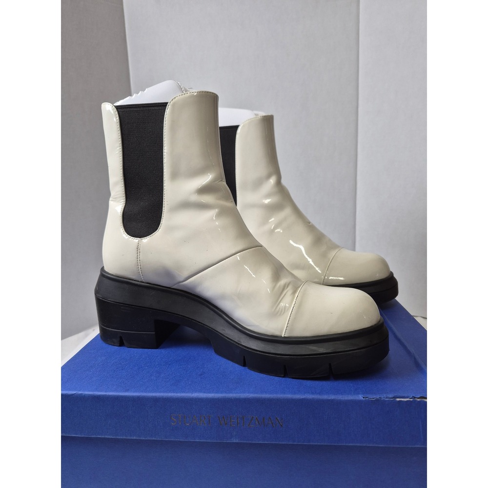 Stuart Weitzman Norah White Patent Leather Lug Sole Chelsea Boots 11 C S0163